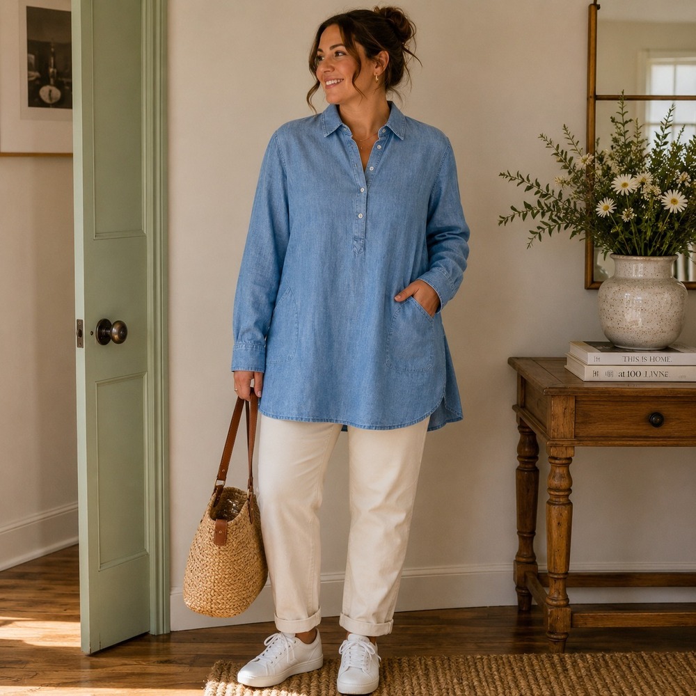 NWT J. Jill Chambray Tunic Top XLT Blue Button Front/Pullover Long Sleeve